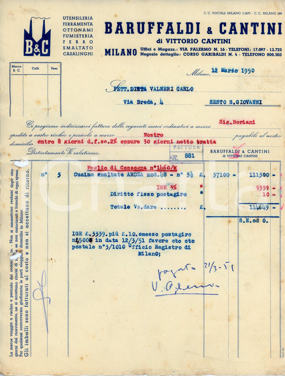 Documento originale, autentico 1951 MILANO Via Palermo 16 BARUFFALDI E CANTINI Fattura cucina smaltata ARDEA 2 1