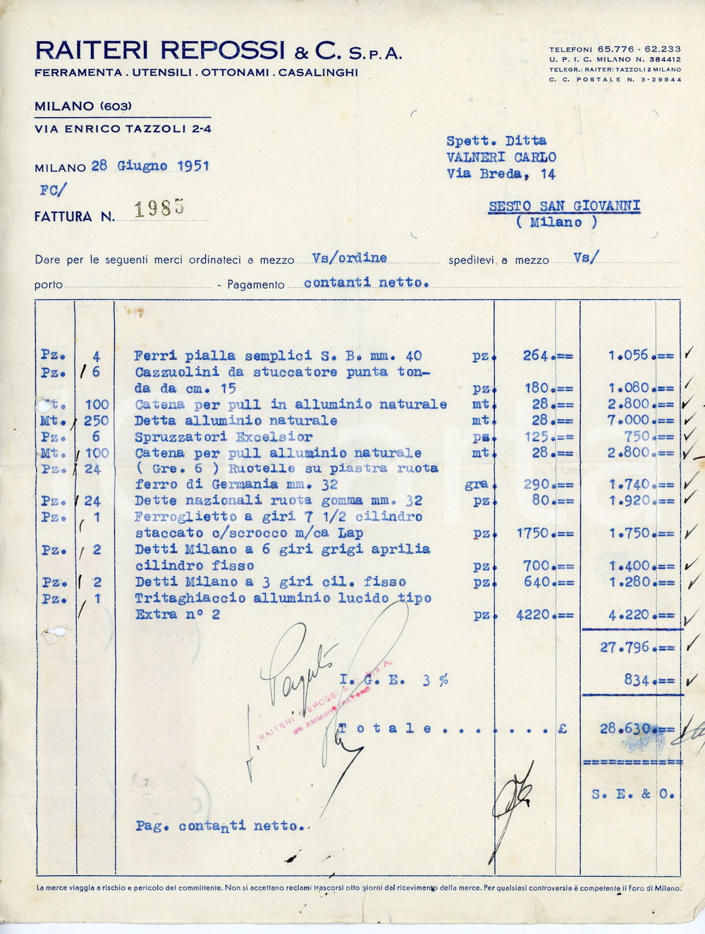 Fotografia d epoca originale 1951 MILANO Via Enrico Tazzoli 24 Ferramenta RAITERI REPOSSI Fattura 1