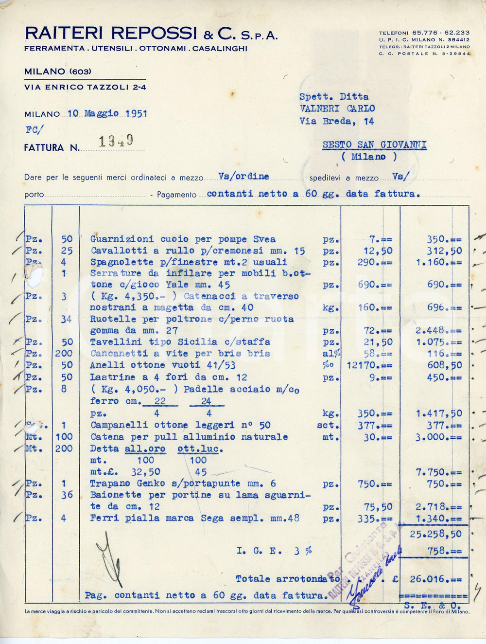 Fotografia d epoca originale 1951 MILANO Via Enrico Tazzoli 24 Ferramenta RAITERI REPOSSI Fattura 1 1