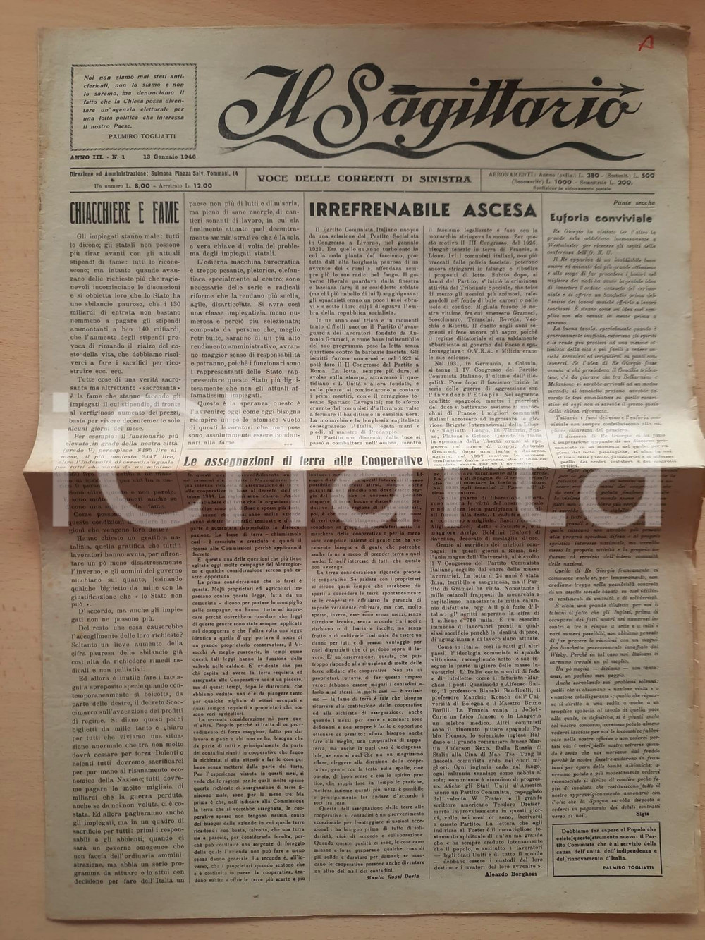 Giornale, rivista storica 1946 SULMONA  IL SAGITTARIO  Terra alle Cooperative del Mezzogiorno Giornale 1