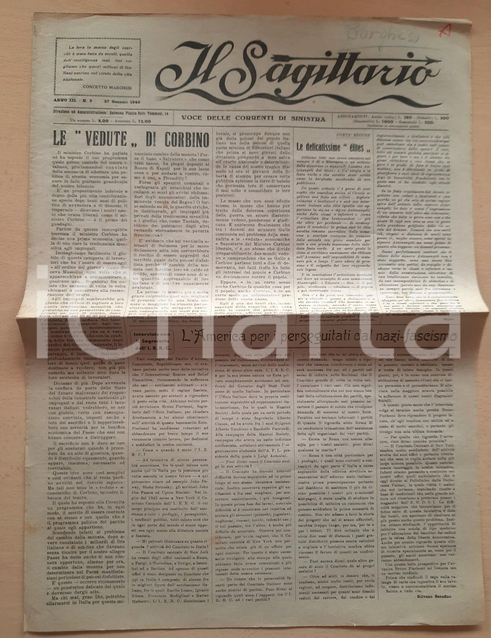Giornale, rivista storica 1946 SULMONA  IL SAGITTARIO Bruno Pierleoni IRRC sui perseguitati dai fascisti 1