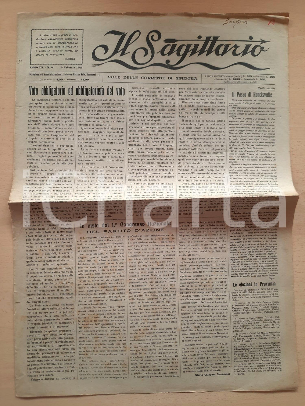 Giornale, rivista storica 1946 SULMONA  IL SAGITTARIO  1° Congresso del Partito d Azione Giornale 1
