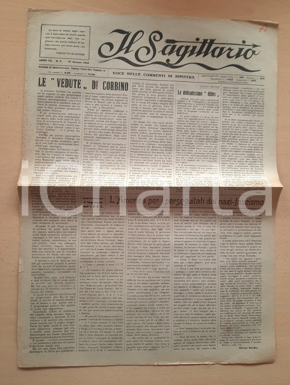 Giornale, rivista storica 1946 SULMONA IL SAGITTARIO Bruno Pierleoni IRRC sui perseguitati dai fascisti 1