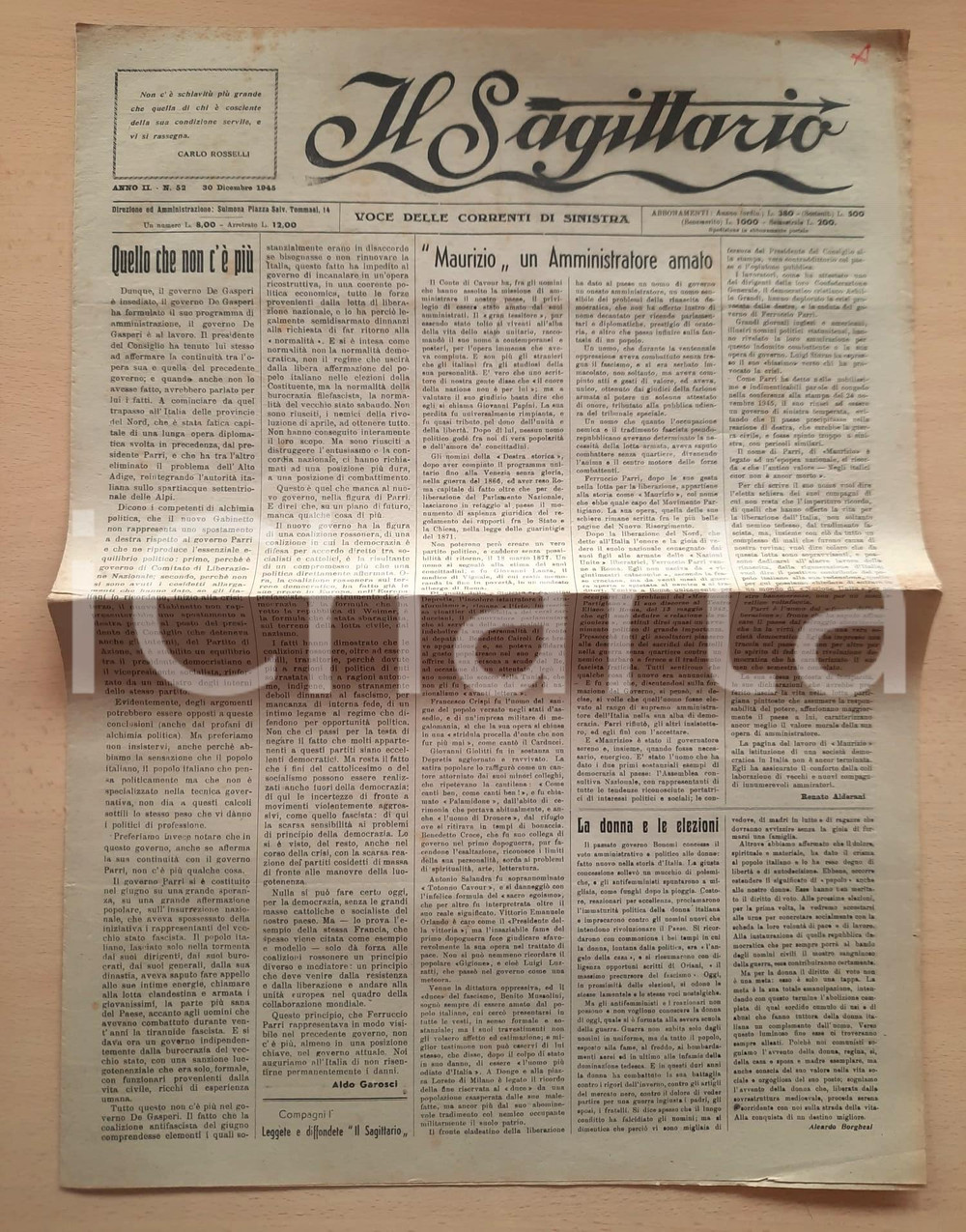 Giornale, rivista storica 1945 SULMONA IL SAGITTARIO Ferruccio Parri amministratore amato  Donne al voto 1
