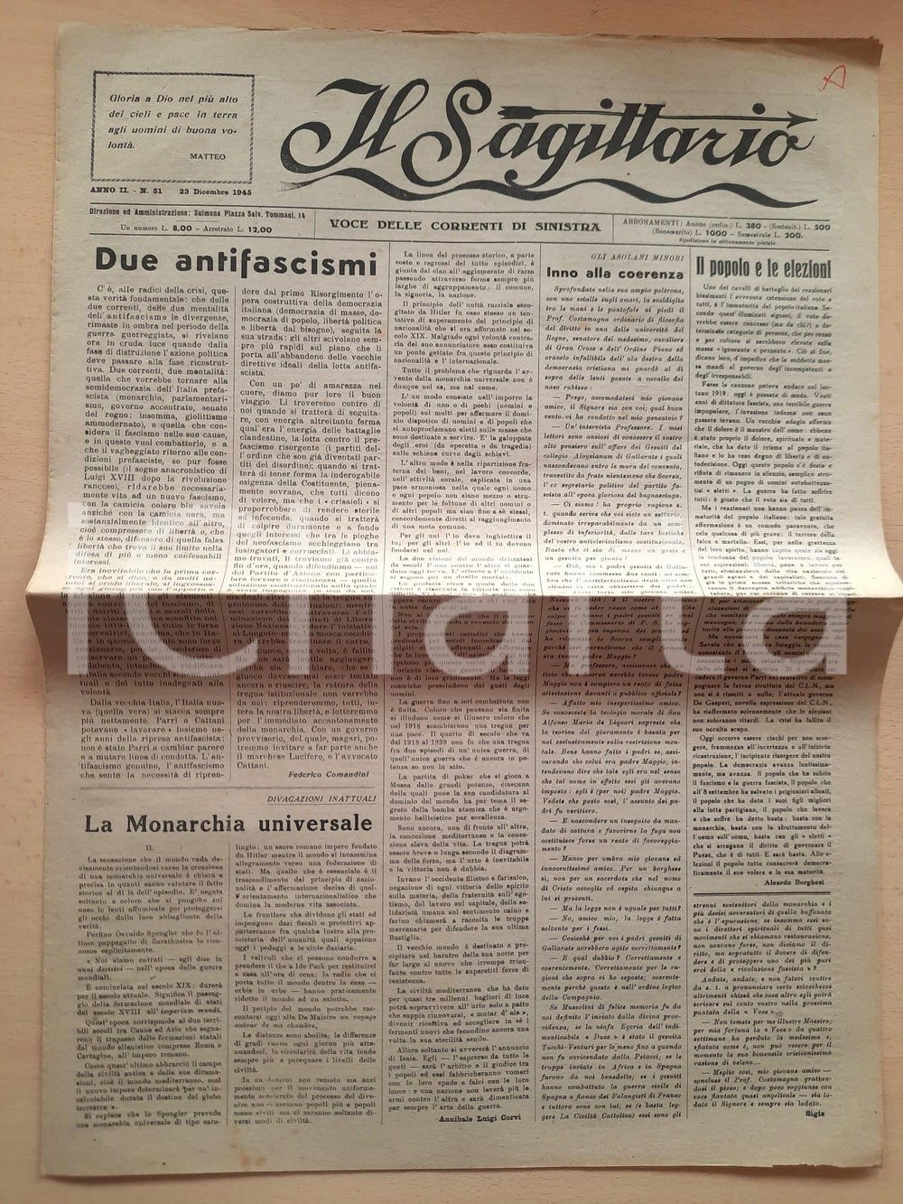 Giornale, rivista storica 1945 SULMONA IL SAGITTARIO Ferruccio Parri amministratore amato  Donne al voto 1