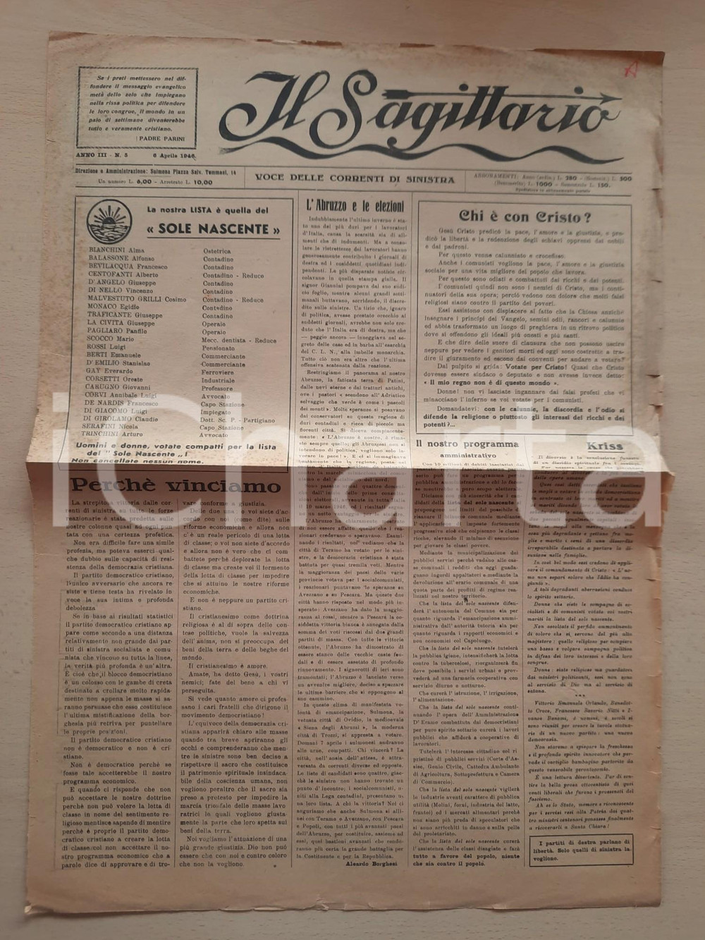 Giornale, rivista storica 1945 SULMONA  IL SAGITTARIO Elezioni in Abruzzo  Lista del Sole Nascente 1