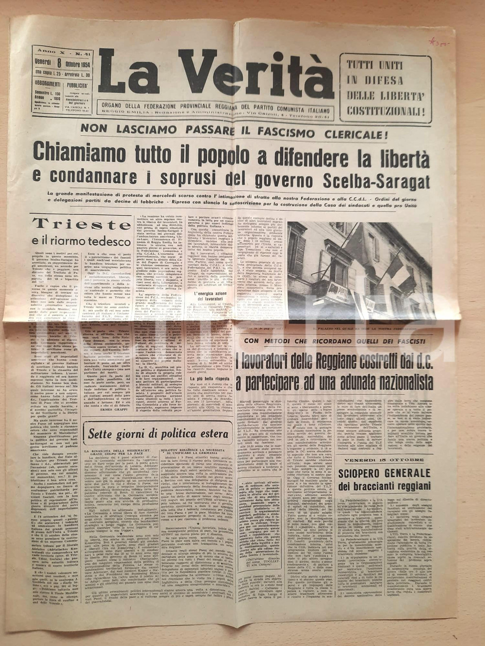 Giornale, rivista storica 1954 LA VERITÀ Trieste e il riarmo tedesco  Soprusi del governo ScelbaSaragat 1