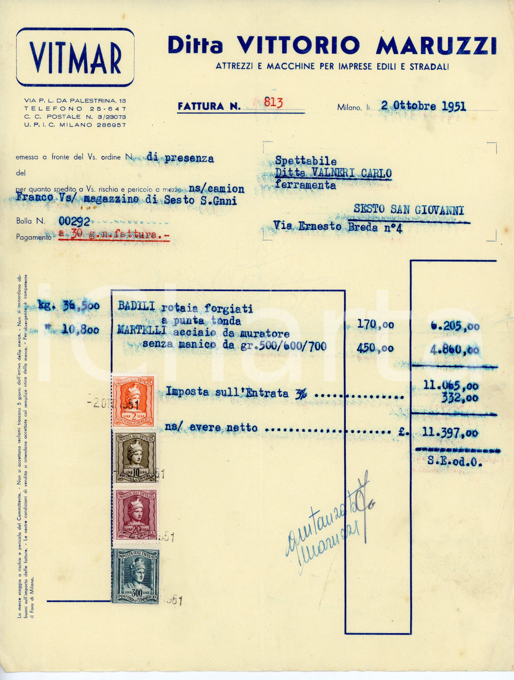 Documento originale, autentico 1951 MILANO Via P.L. da Palestrina 13 VITMAR Vittorio MARUZZI Fattura per badili 1