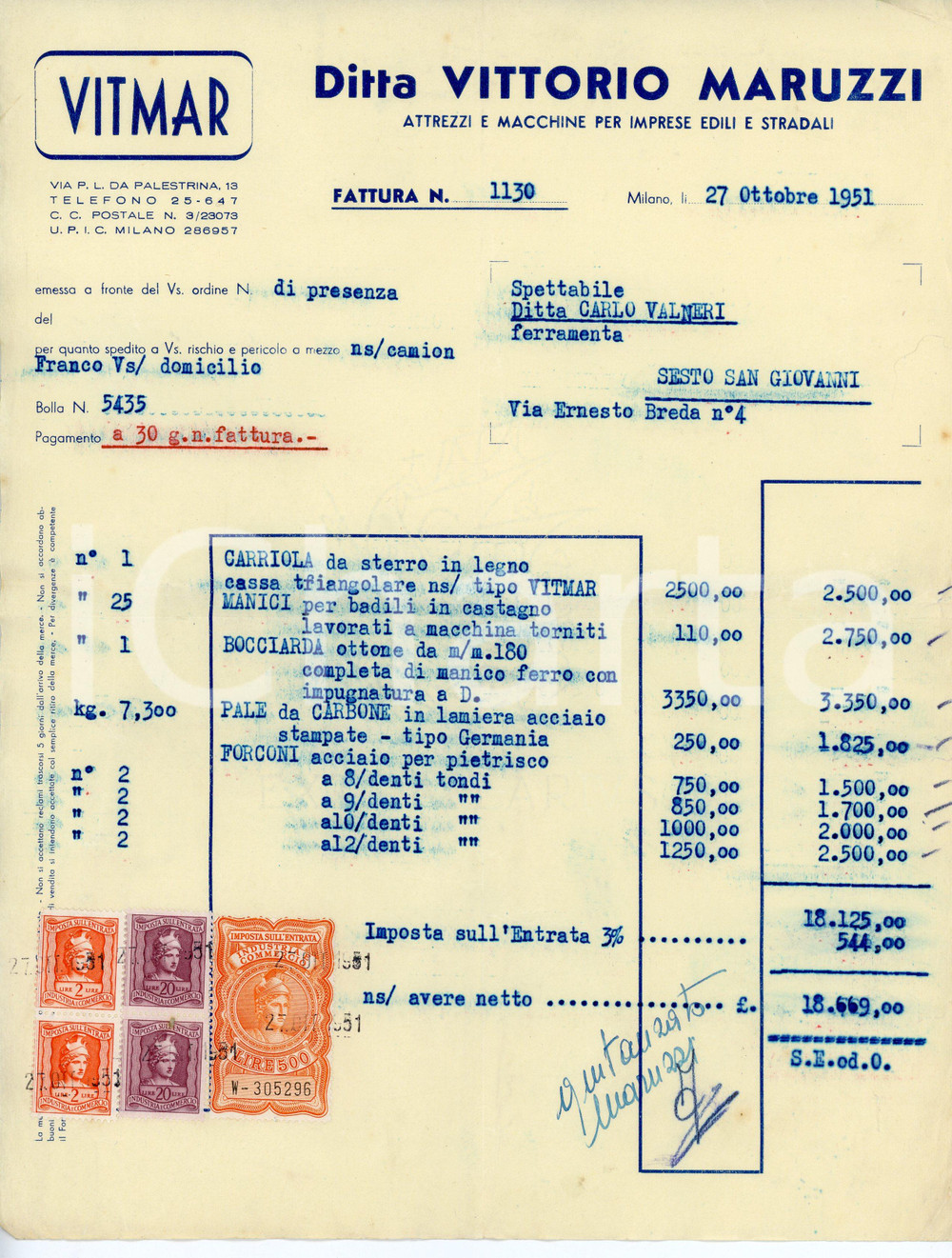 Documento originale, autentico 1951 MILANO Via P.L. da Palestrina 13 VITMAR Vittorio MARUZZI Fattura per pale 1