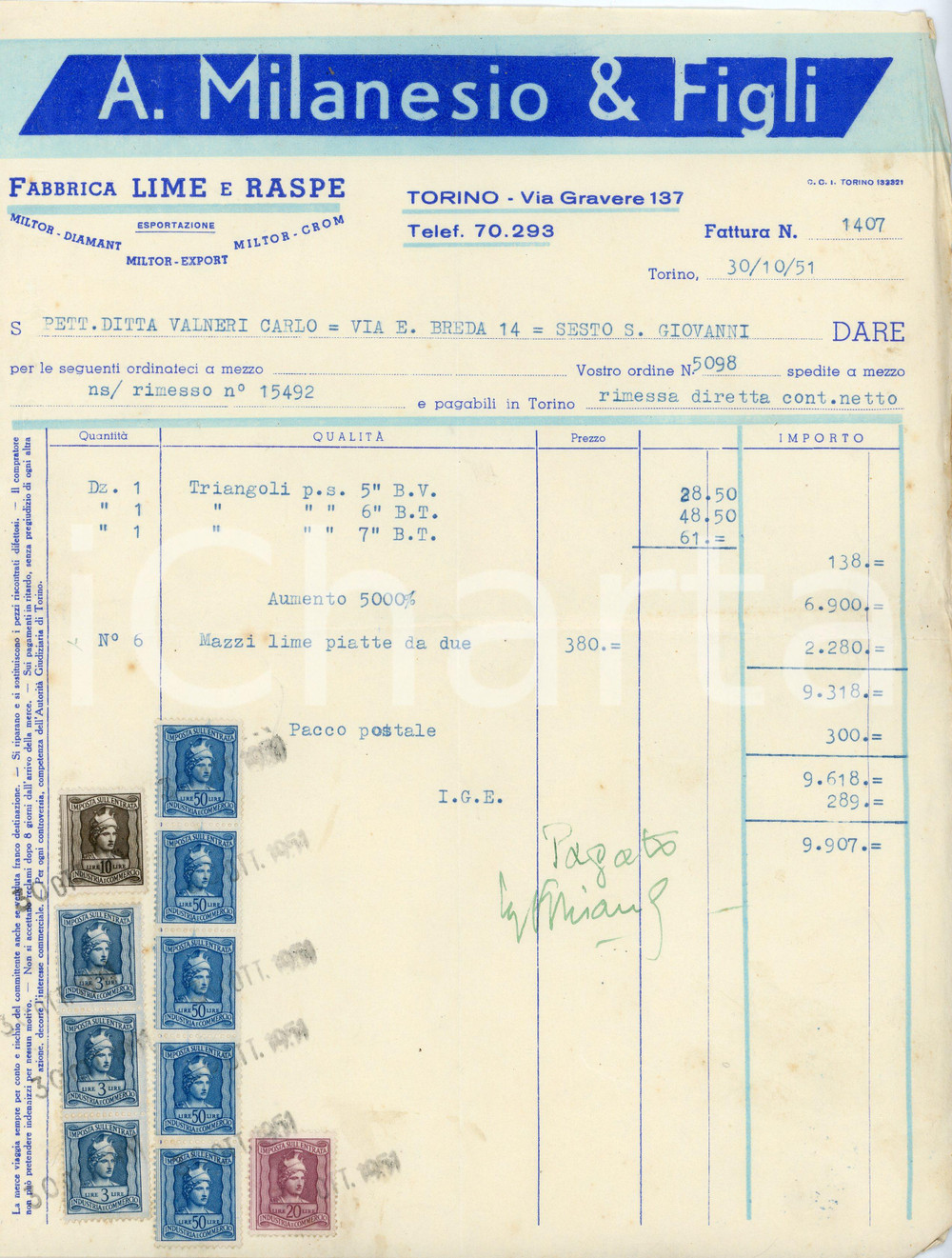 Documento originale, autentico 1951 TORINO Via Gravere 137 A. MIILANESIO Fabbrica lime e raspe  Fattura 1