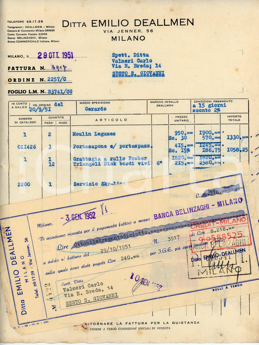 Documento originale, autentico 1951 MILANO Via Jenner 56 Ditta Emilio DEALLMEN Fattura con cambiale 1