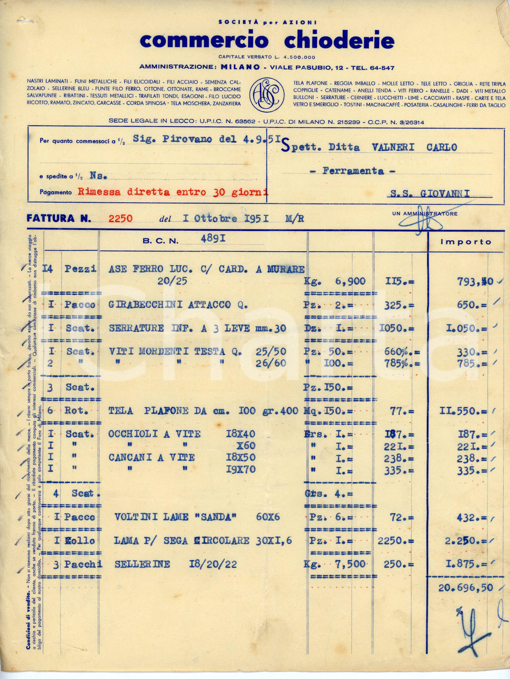 Documento originale, autentico 1951 MILANO Viale Pasubio 12 Società COMMERCIO CHIODERIE Fattura 1