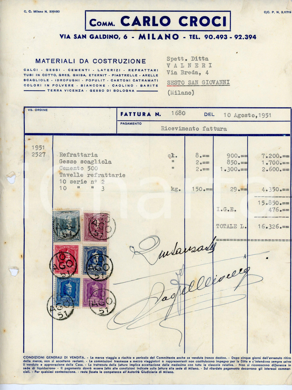 Documento originale, autentico 1951 MILANO Via San Galdino 6 Materiali da costruzione Carlo CROCI Fattura 1