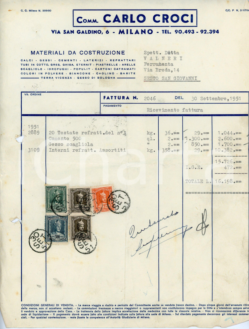 Documento originale, autentico 1951 MILANO Via San Galdino 6 Materiali da costruzione Carlo CROCI Fattura 1 1