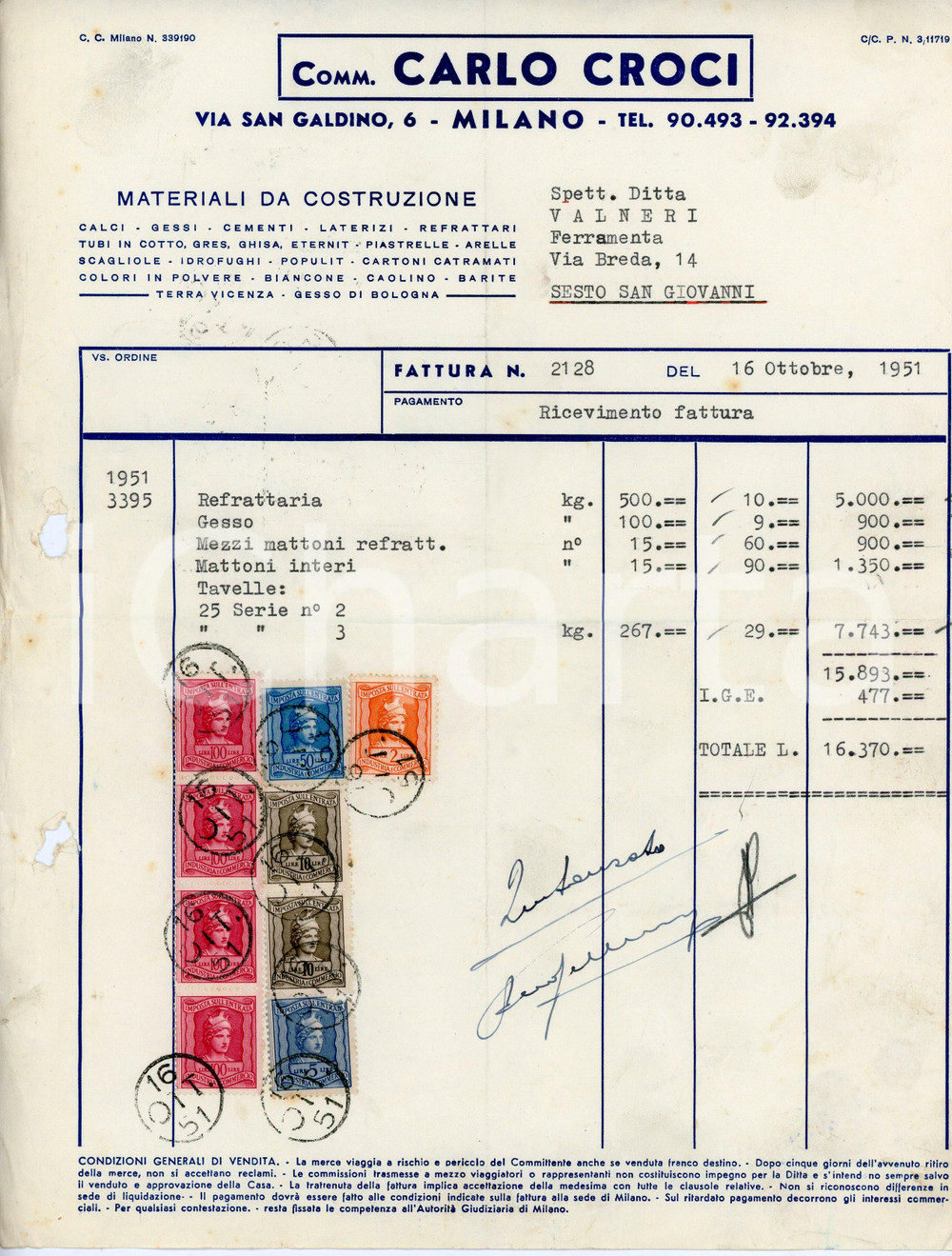 Documento originale, autentico 1951 MILANO Via San Galdino 6 Materiali da costruzione Carlo CROCI Fattura 2 1