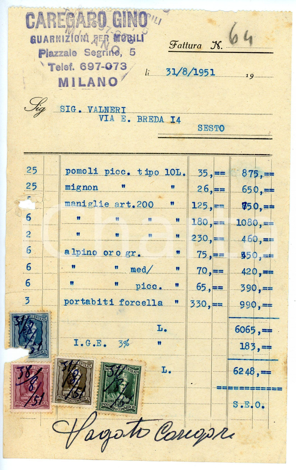 Documento originale, autentico 1951 MILANO Piazzale Segrino 5 Gino CAREGARO Guarnizioni per mobili  Fattura 1