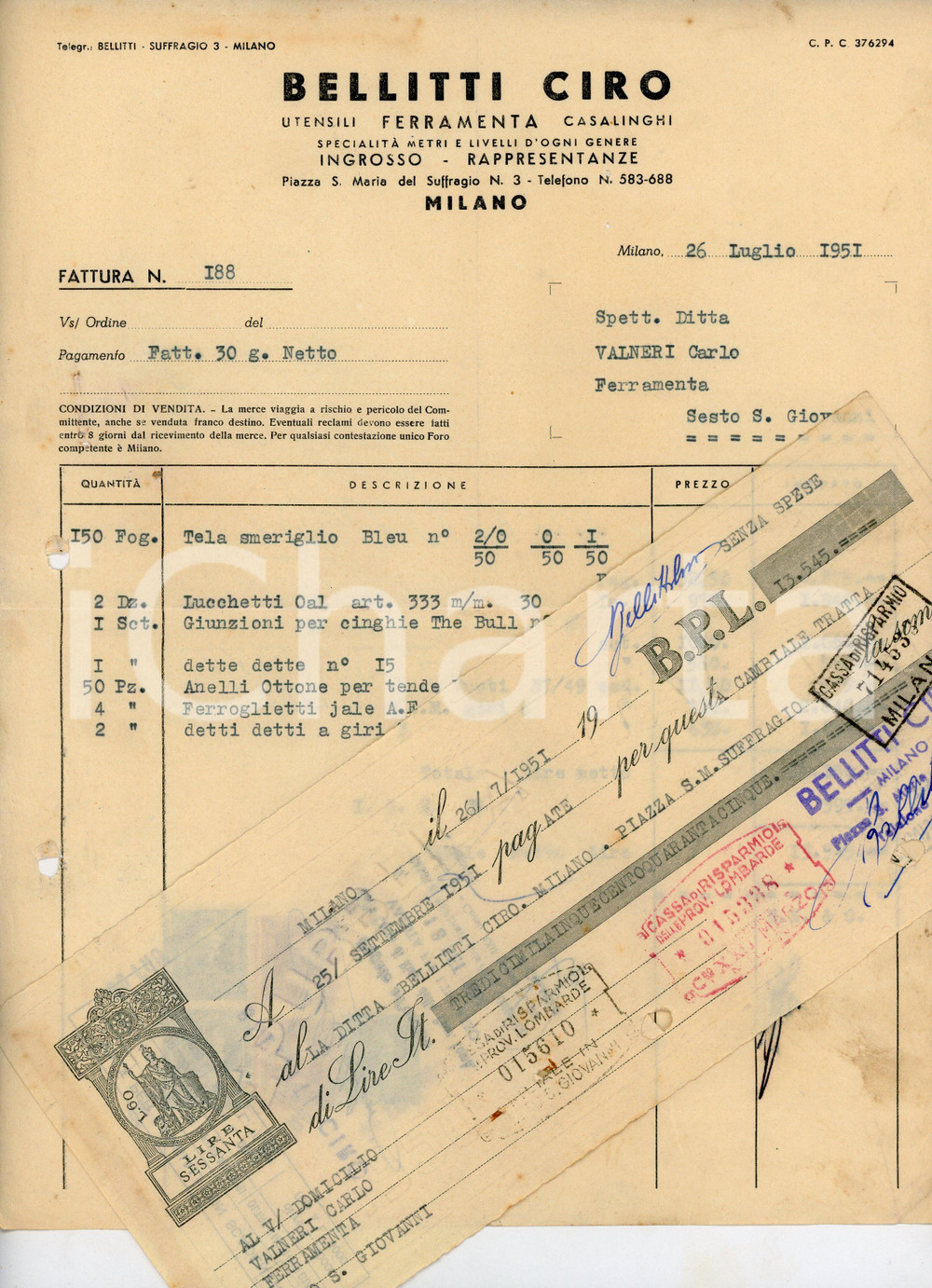 Documento originale, autentico 1951 MILANO S. Maria del Suffragio 3 Ferramenta Ciro BELLITTI Fattura e cambiale 1
