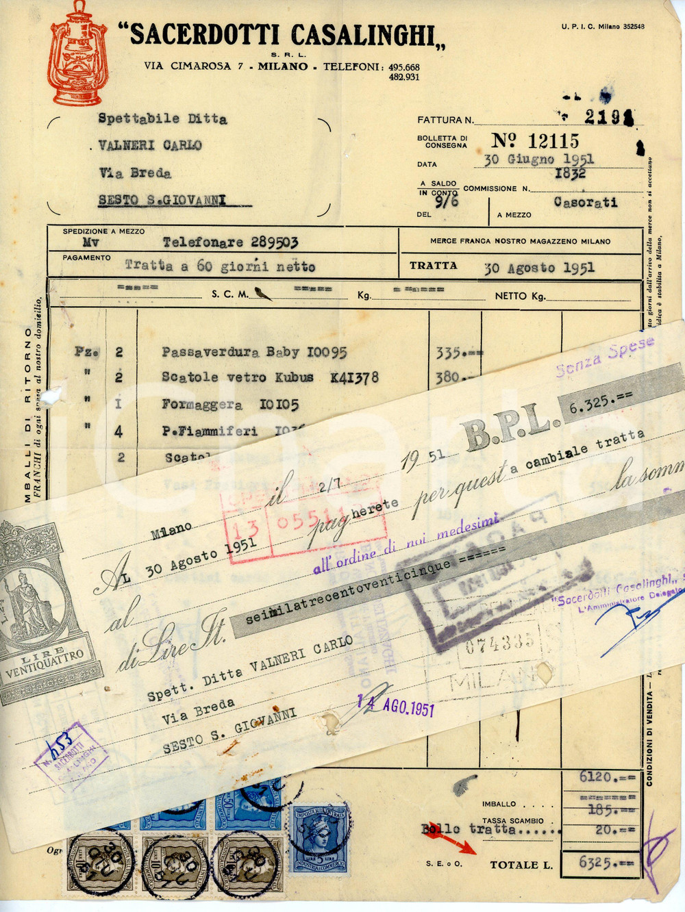 Documento originale, autentico 1951 MILANO Via Cimarosa 7 Casalinghi SACERDOTTI Fattura con cambiale 2 1