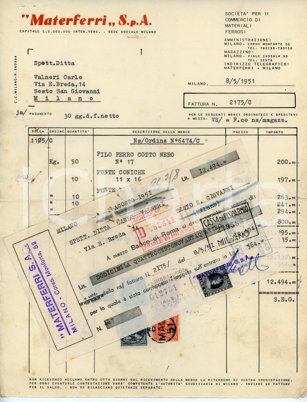 Documento originale, autentico 1951 MILANO Corso Monforte 52 MATERFERRI SPA Fattura con cambiale 1