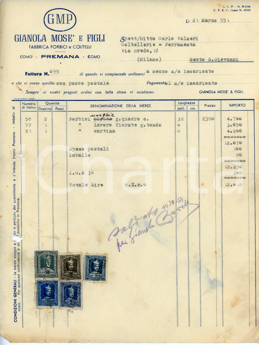 Documento originale, autentico 1951 PREMANA Mosé GIANOLA Fabbrica forbici e coltelli GMP Fattura 1