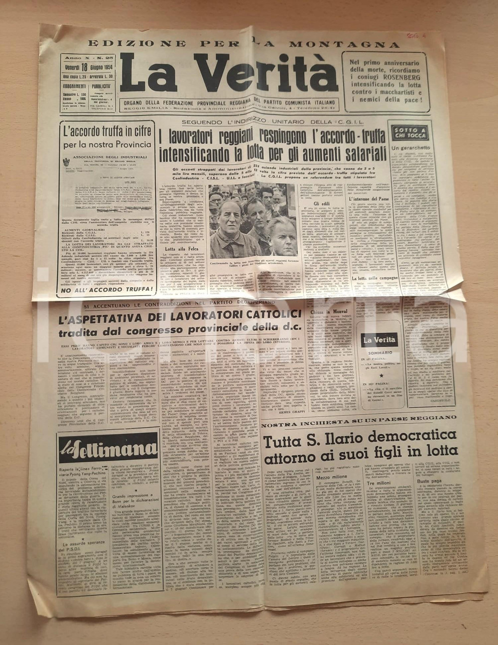 Giornale, rivista storica 1954 LA VERITÀ Lavoratori reggiani contro l accordo truffa  S. ILARIO in lotta 1