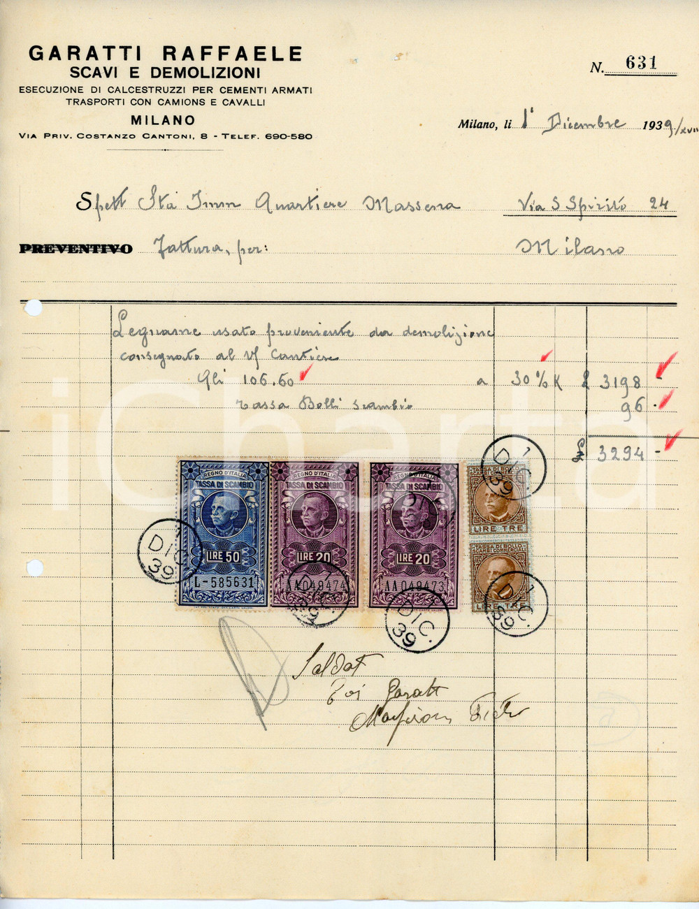 Documento originale, autentico 1939 MILANO Via Costanzo Cantoni 8 Demolizioni Raffaele GARATTI Fattura 1