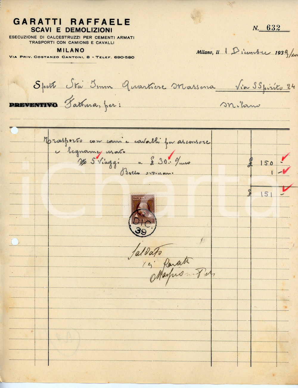 Documento originale, autentico 1939 MILANO Via Costanzo Cantoni 8 Demolizioni Raffaele GARATTI Fattura 1 1