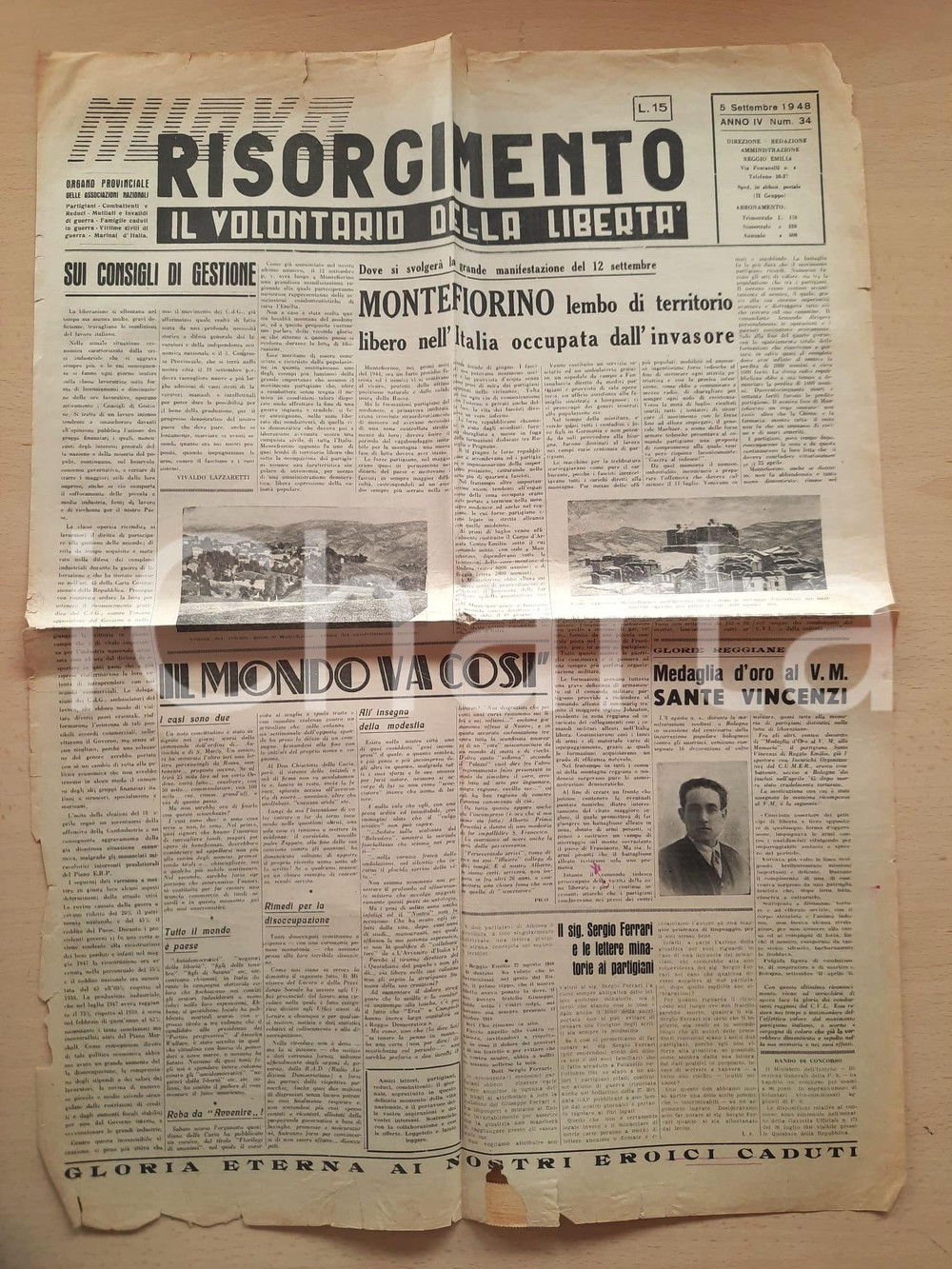 Giornale, rivista storica 1948 REGGIO EMILIA  NUOVO RISORGIMENTO  Montefiorino libera DANNEGGIATO 1