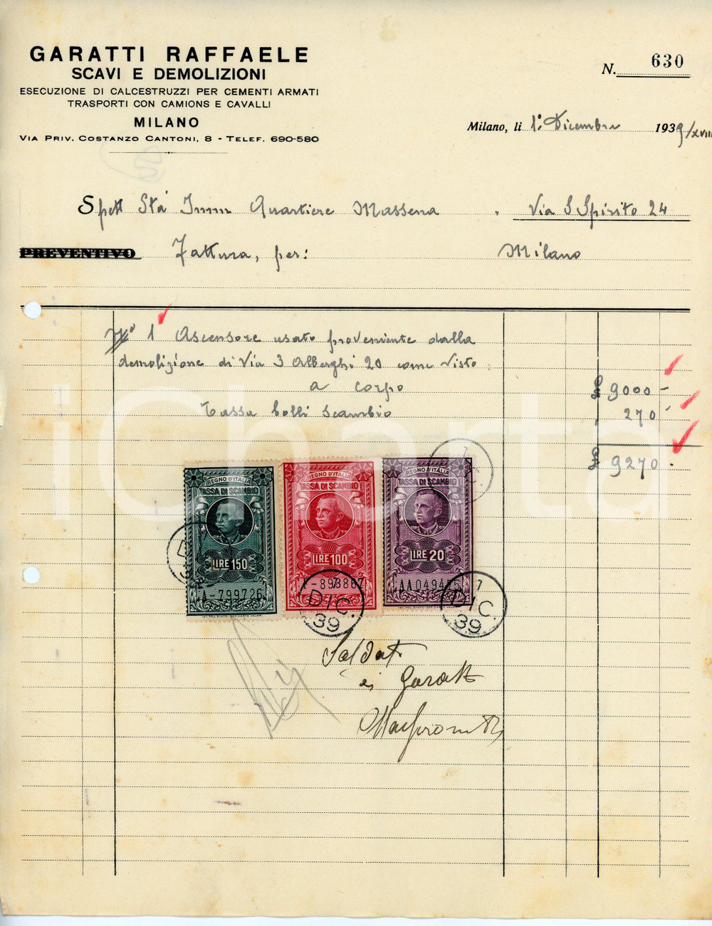 Documento originale, autentico 1939 MILANO Via Costanzo Cantoni 8 Demolizioni Raffaele GARATTI Fattura 2 1