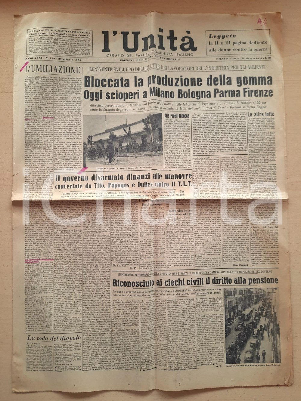 Giornale, rivista storica 1954 L UNITA  Italia in sciopero  Bloccata la produzione della gomma Giornale 1