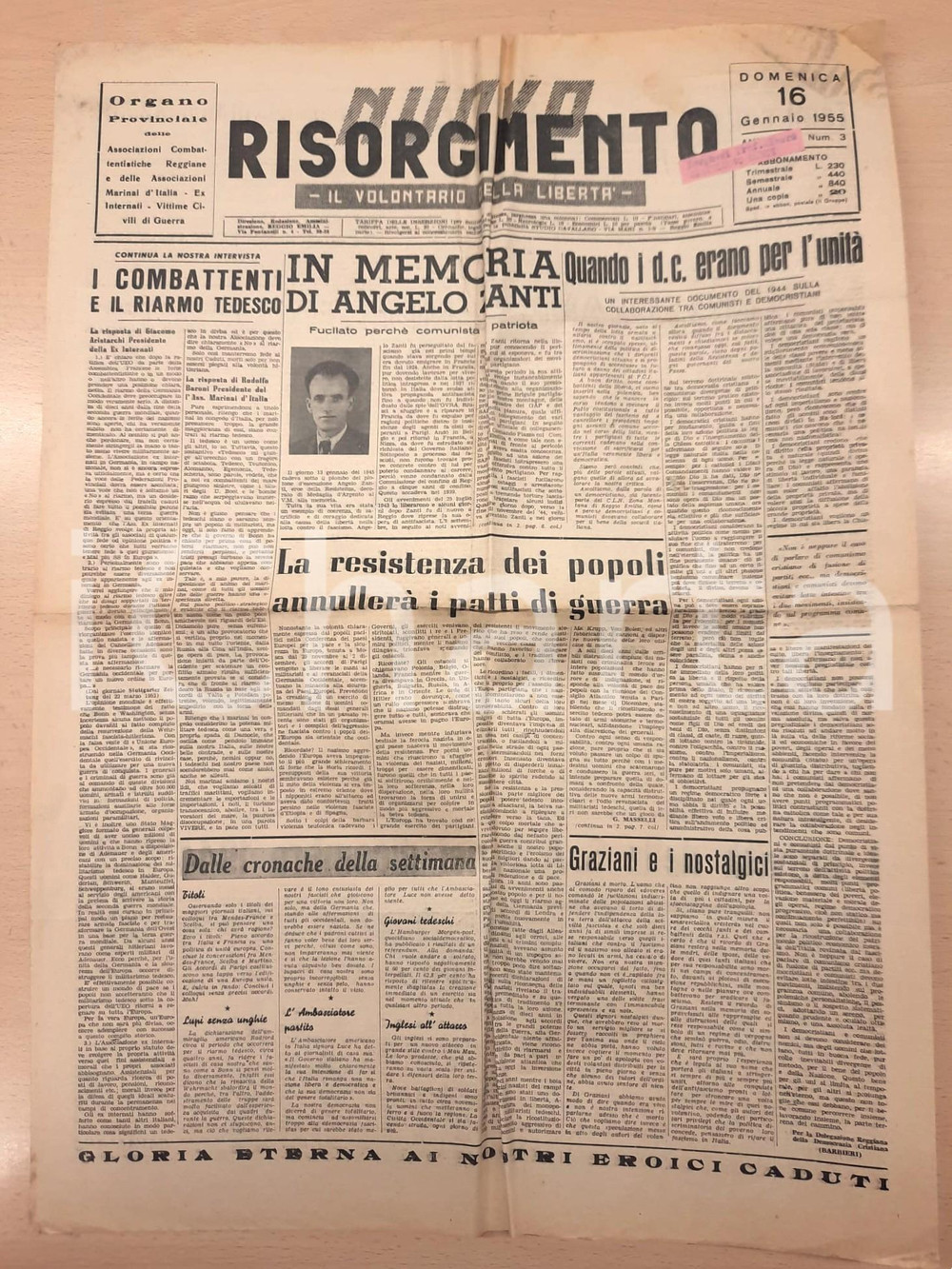 Giornale, rivista storica 1955 REGGIO EMILIA  NUOVO RISORGIMENTO In memoria di Angelo Zanti patriota 1