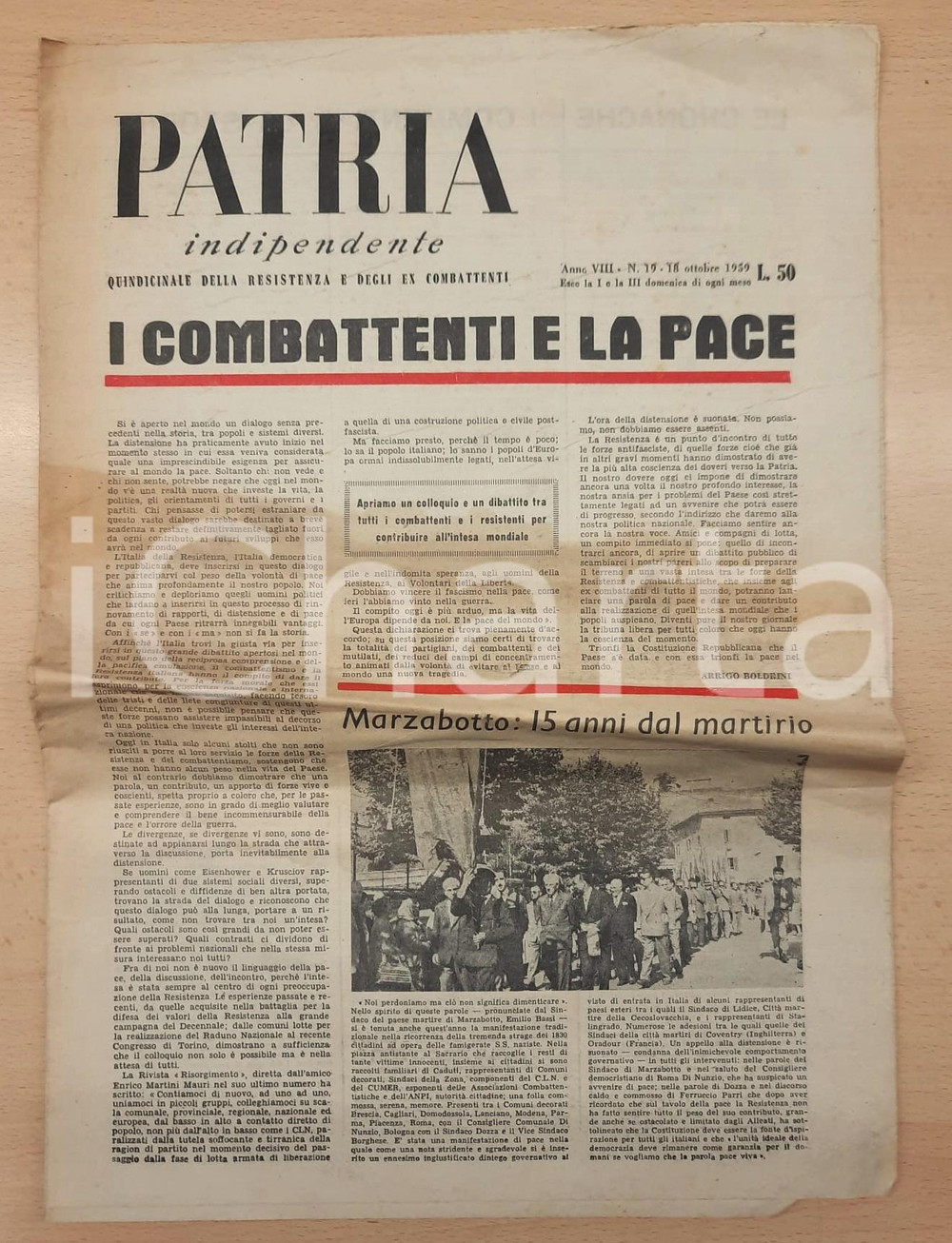 Giornale, rivista storica 1959 PATRIA INDIPENDENTE Morte Enrico DE NICOLA  15 anni strage di Marzabotto 1