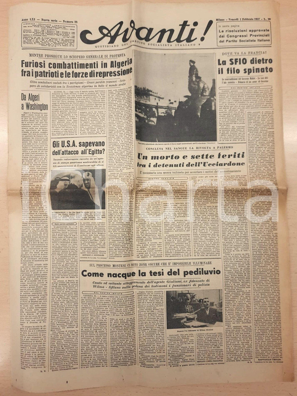 Giornale, rivista storica 1957 AVANTI! Rivolta dell Ucciardone a Palermo  Processo Montesi Giornale 1