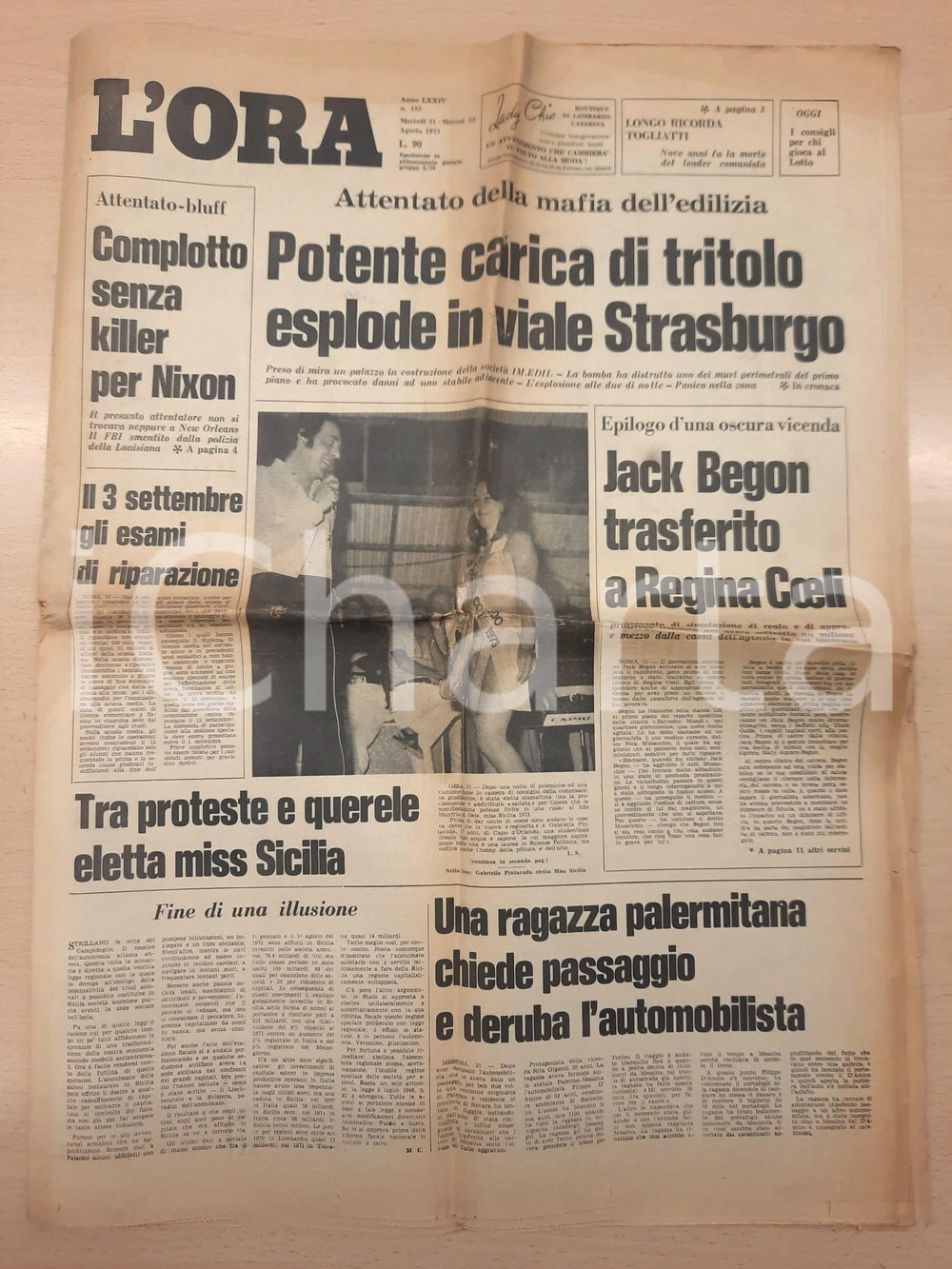Giornale, rivista storica 1973 L ORA Attentato mafia edilizia a Palermo  Jack Begon a Regina Coeli 1