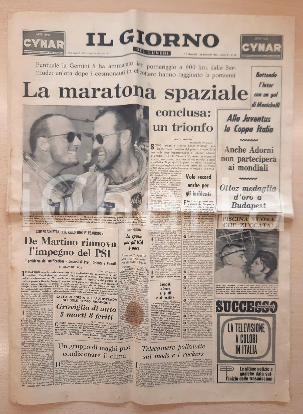 Giornale, rivista storica 1965 IL GIORNO Missione spaziale GEMINI 5: Cooper e Conrad al rientro Giornale 1