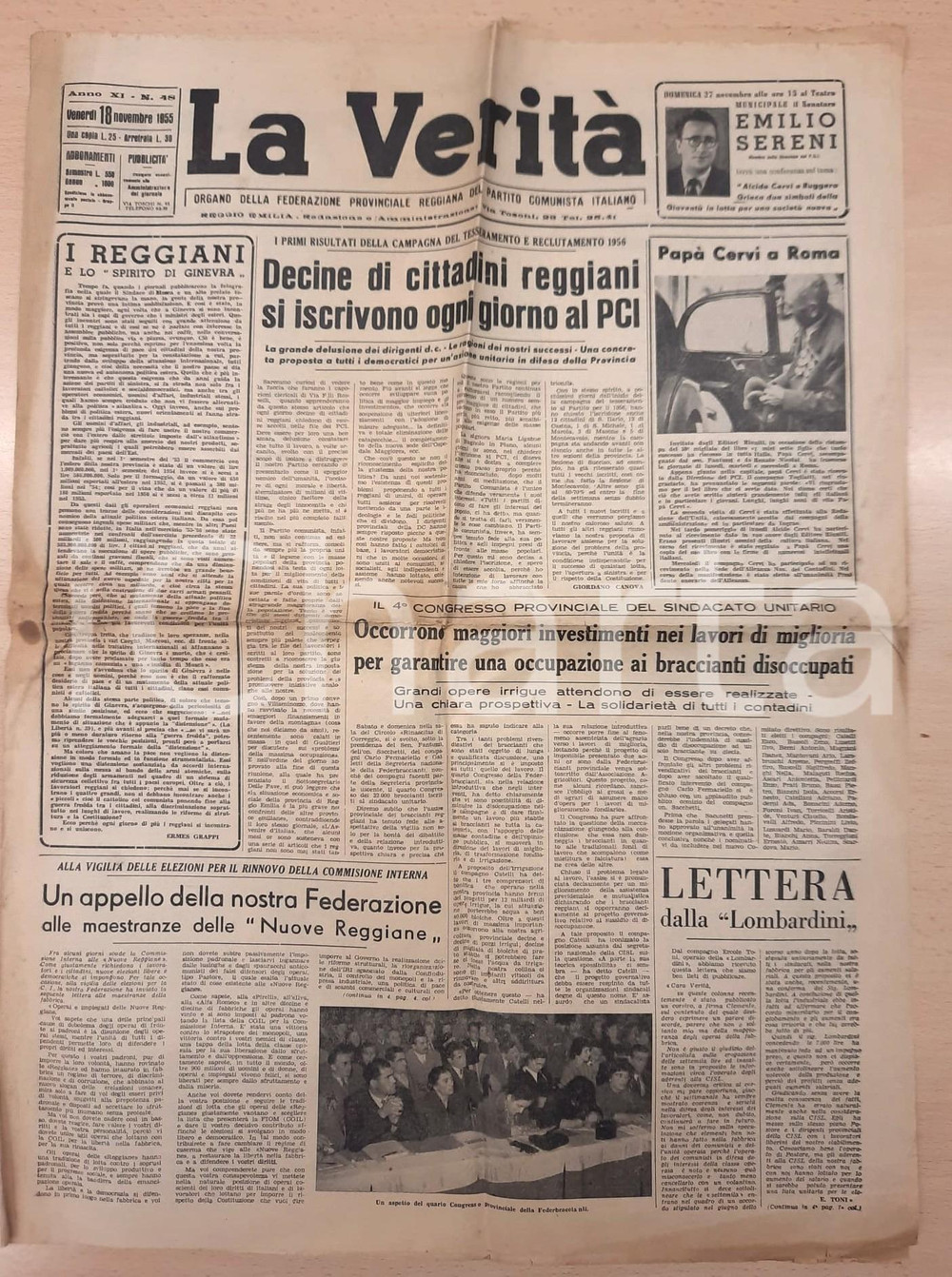 Giornale, rivista storica 1955 REGGIO EMILIA  LA VERITÀ Numerose iscrizioni al PCI  Papà Cervi a Roma 1