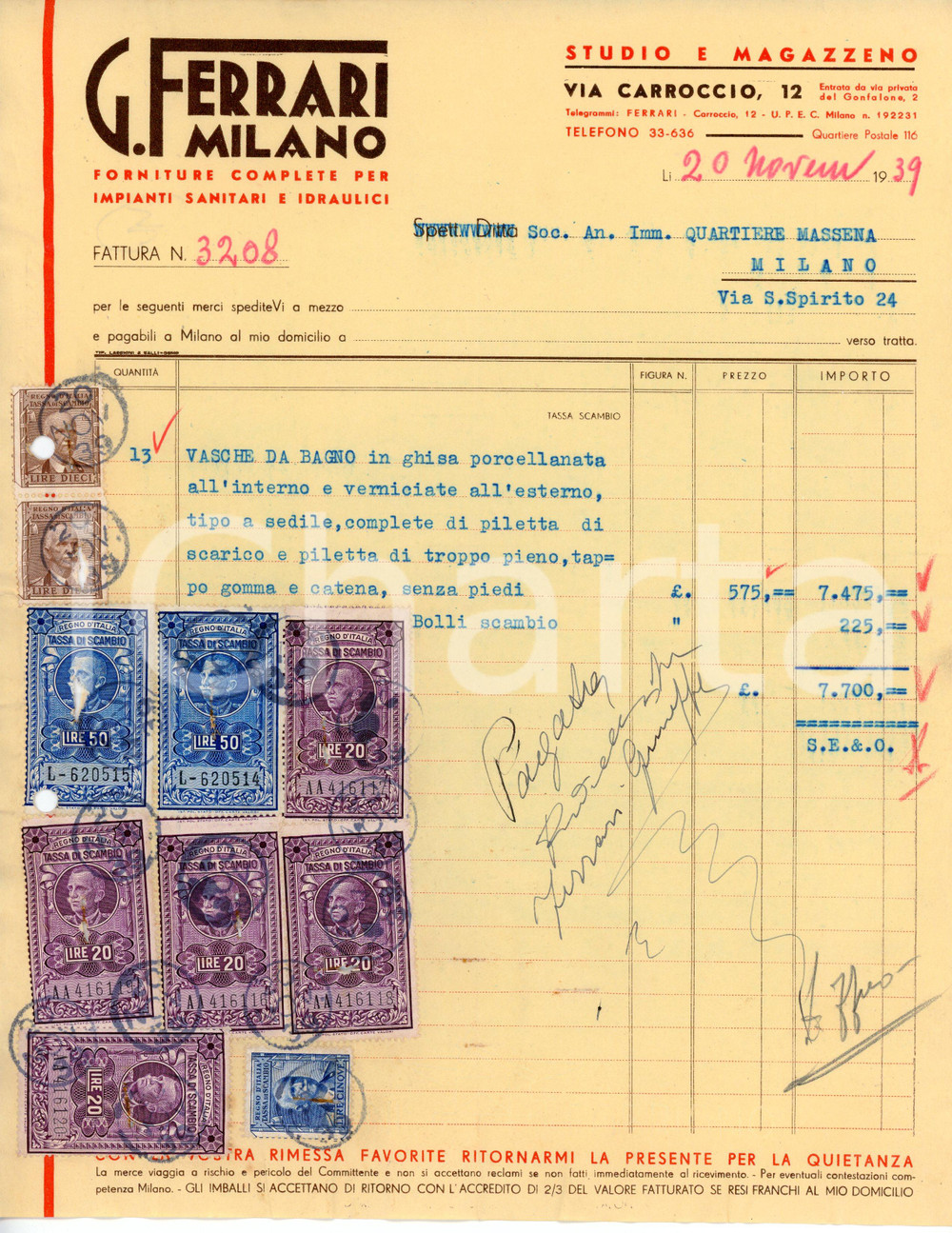Documento originale, autentico 1939 MILANO Via Carroccio 12 Idraulico G. FERRARI Fattura per vasche da bagno 1