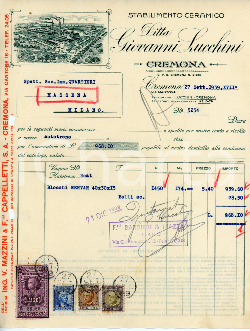 Documento originale, autentico 1939 CREMONA Stabilimento ceramico Giovanni LUCCHINI Fattura blocchi NERVAR 1