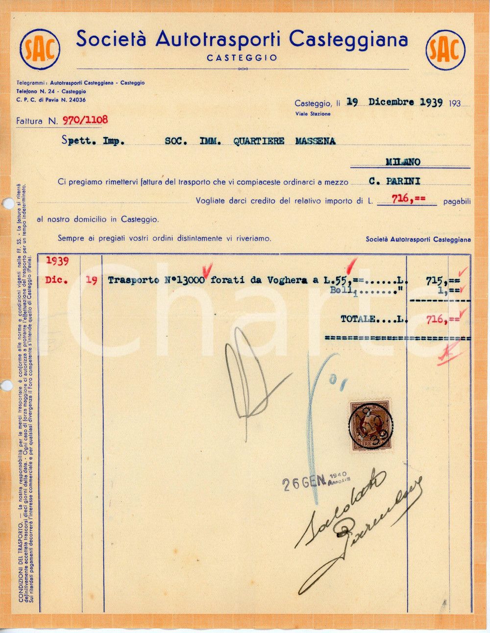 Documento originale, autentico 1939 CASTEGGIO Società Autotrasporti Casteggiana SAC Fattura forati da VOGHERA 1