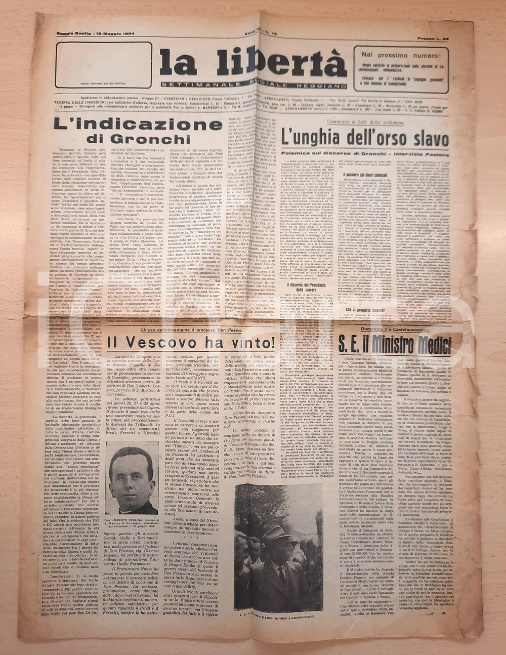 Giornale, rivista storica 1954 LA LIBERTÀ Sentenza processo don Pessina Giuseppe MEDICI a Castelnovomonti 1