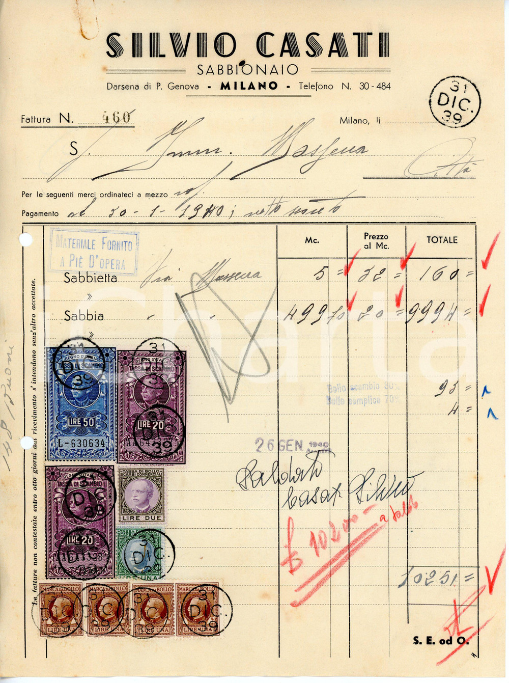 Documento originale, autentico 1939 MILANO Darsena di Porta Genova  Sabbionaio Silvio CASATI Fattura 1