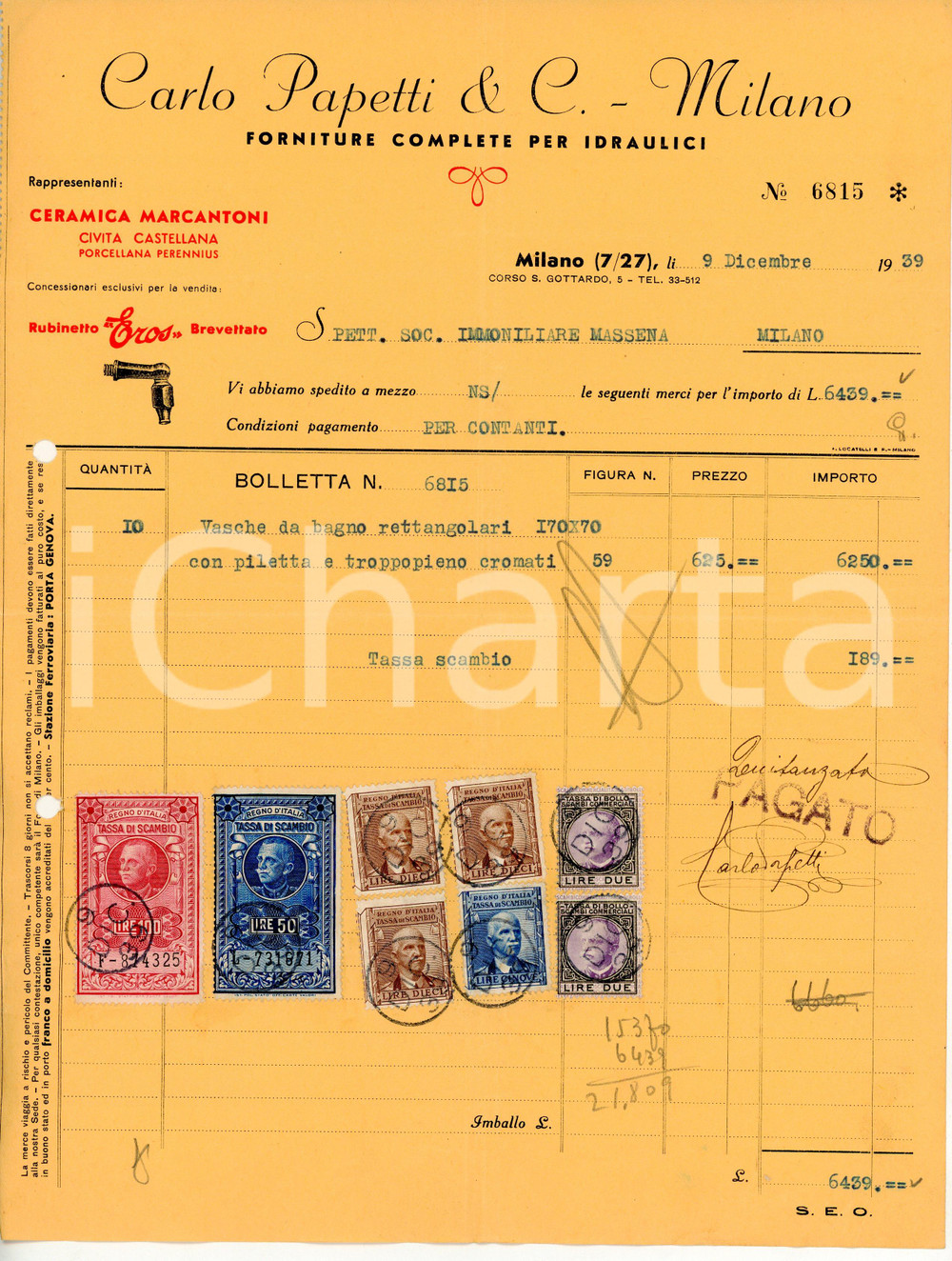 Documento originale, autentico 1939 MILANO Corso San Gottardo 5 Carlo PAPETTI Forniture idrauliche  Fattura 1