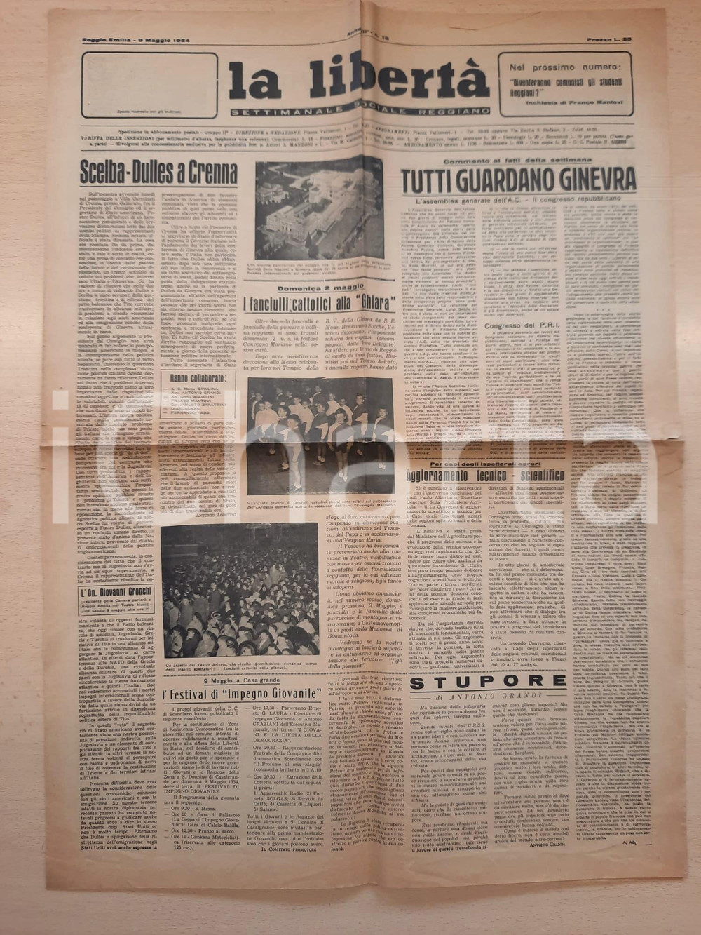 Giornale, rivista storica 1954 LA LIBERTÀ Madonna della Sassola  Convegno Mariano a Reggio Emilia 1