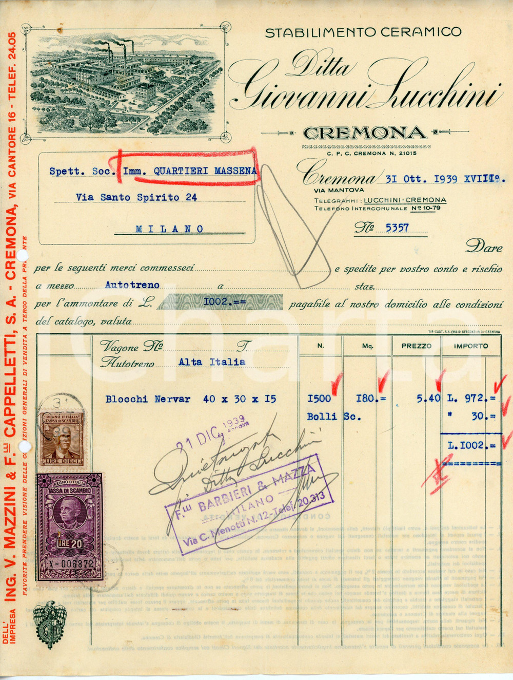 Documento originale, autentico 1939 CREMONA Stabilimento ceramico Giovanni LUCCHINI Fattura blocchi NERVAR 1 1