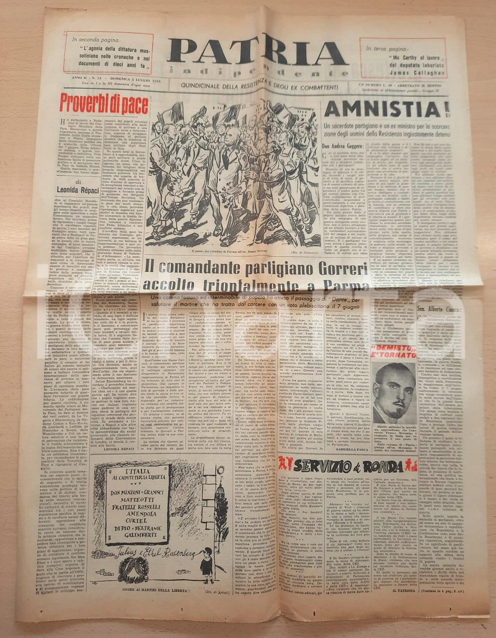 Giornale, rivista storica 1953 PATRIA INDIPENDENTE Dante GORRERI partigiano in trionfo a Parma Giornale 1