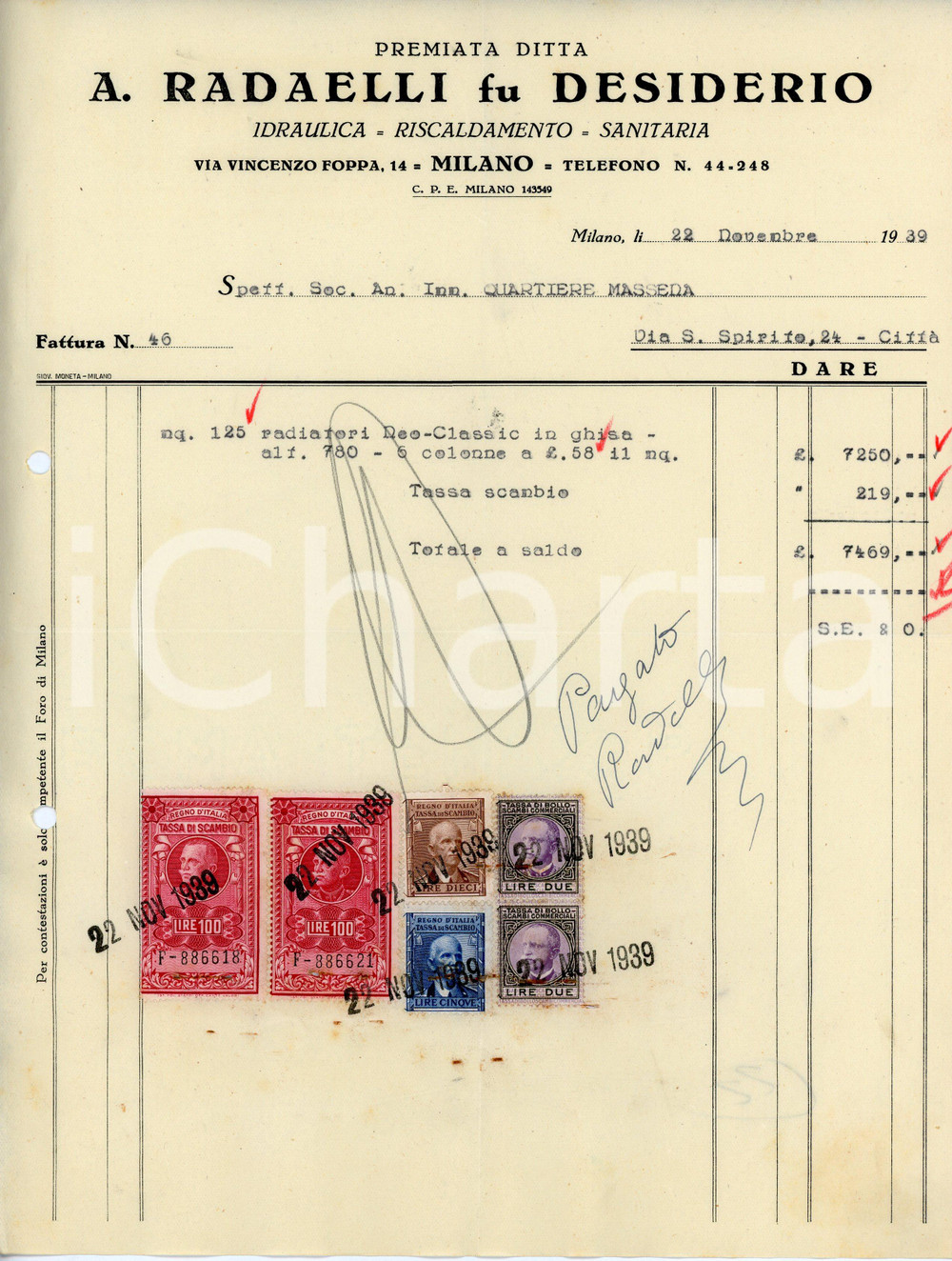 Documento originale, autentico 1939 39 MILANO Via Foppa 14 Idraulica A. RADAELLI fu Desiderio  Fattura 1