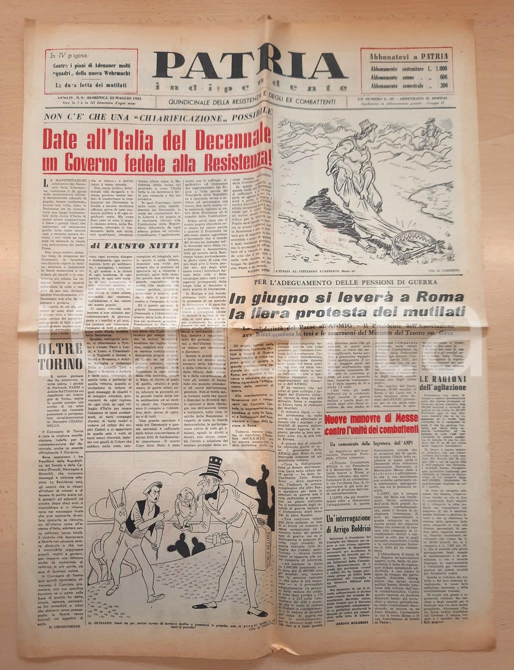Giornale, rivista storica 1955 PATRIA INDIPENDENTE Decennale Liberazione  Protesta dei mutilati di guerra 1