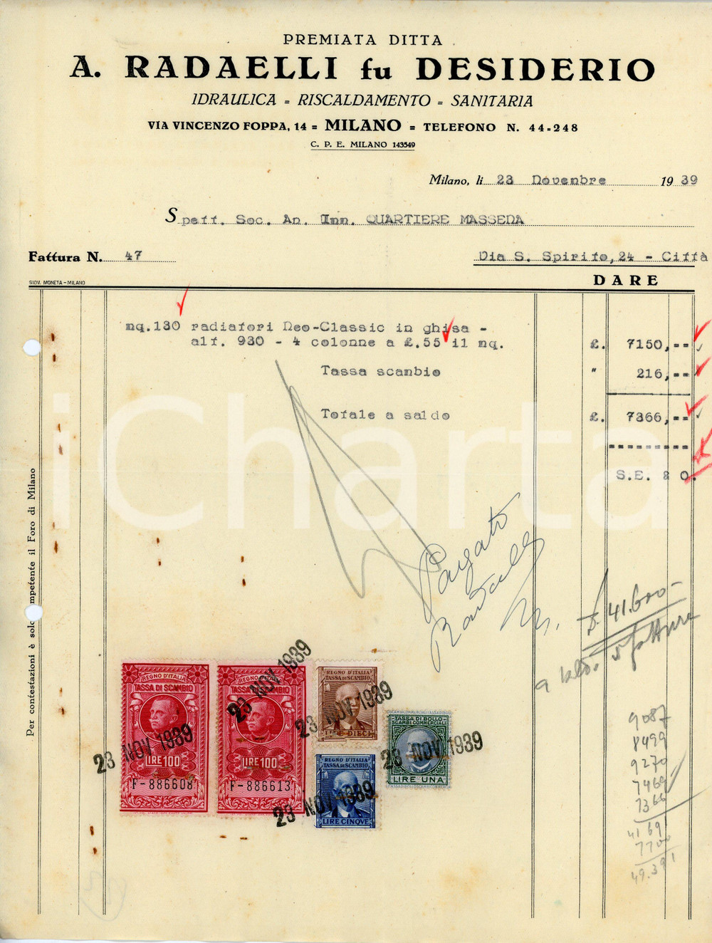 Documento originale, autentico 1939 39 MILANO Via Foppa 14 Idraulica A. RADAELLI fu Desiderio  Fattura 1 1