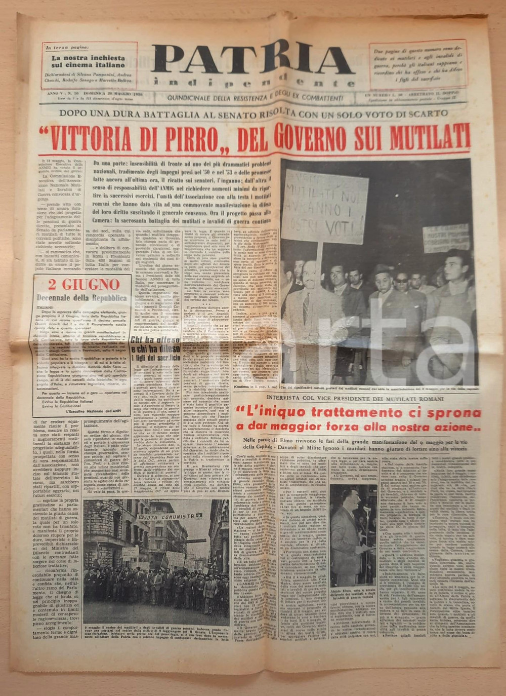 Giornale, rivista storica 1956 PATRIA INDIPENDENTE Vittoria di Pirro del governo sui mutilati Giornale 1