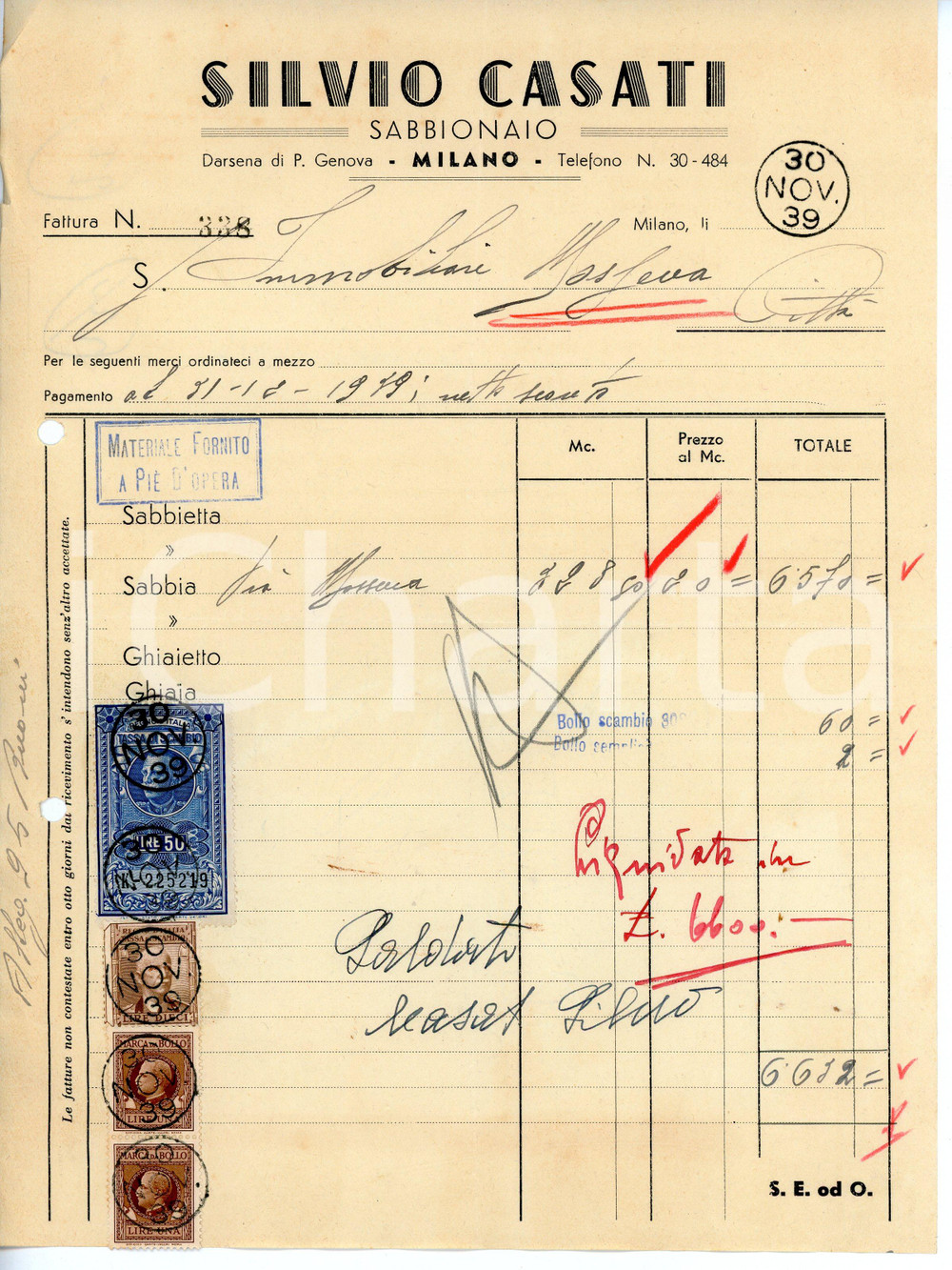 Documento originale, autentico 1939 MILANO Darsena di Porta Genova  Sabbionaio Silvio CASATI Fattura 1 1